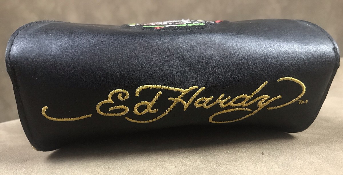 ED HARDY LEATHER EMBROIDERED EYE GLASSES SUN GLASSES CASE 