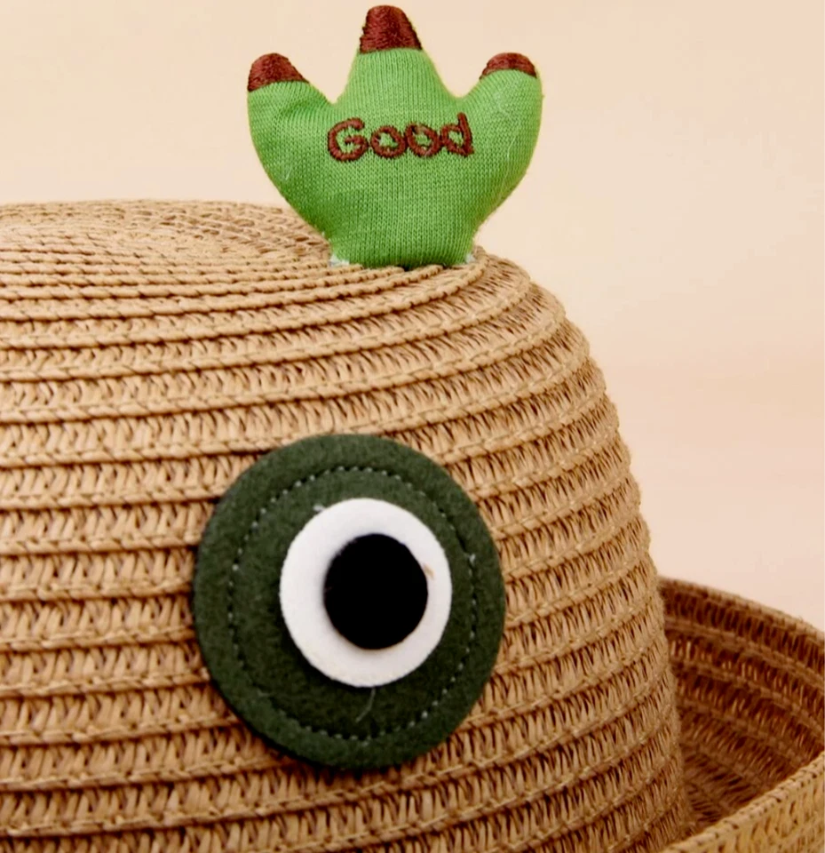 Chapéu de palha fofo feito à mão com tema de sapo para crianças - divertido chapéu de sol balde de desenho animado com olhos - Imagem 3 de 4