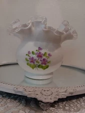 Fenton Glass Vintage Silver Crest Ruffled Vase Violets In The Snow Signed