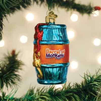 OLD WORLD CHRISTMAS BARREL OF MONKEYS GAME GLASS CHRISTMAS ORNAMENT 44177