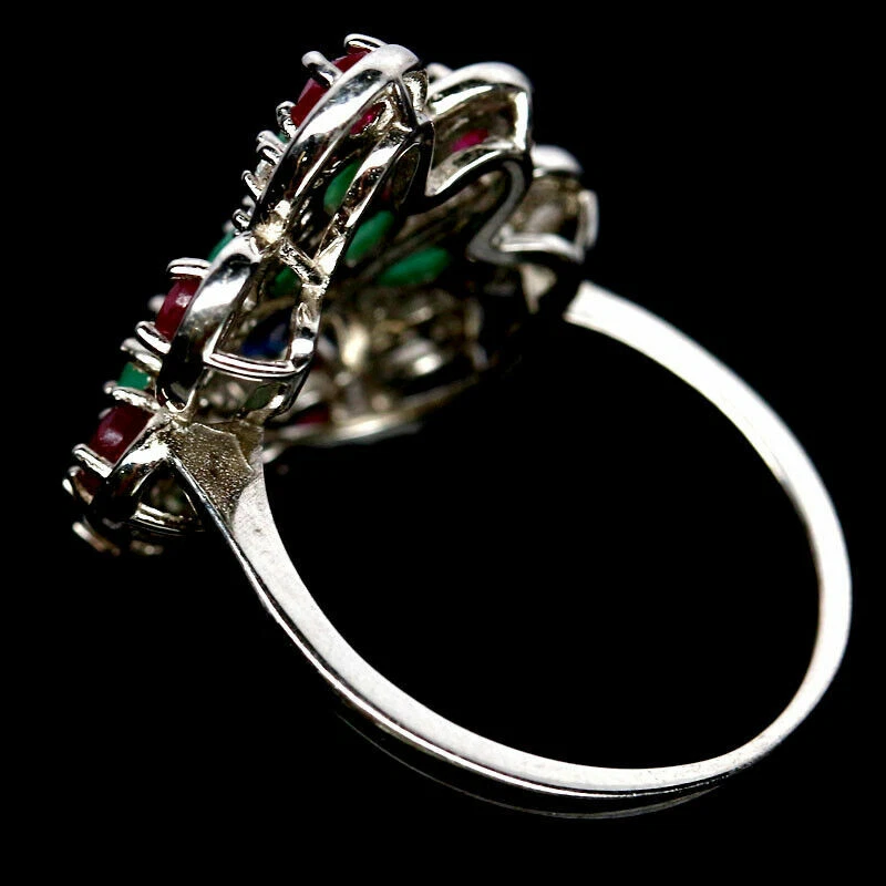 Anello Argento 925 Con Pietre Smeraldo, Rubino, Zirconi E, Zaffiro Blu Intenso - Immagine 3 di 4
