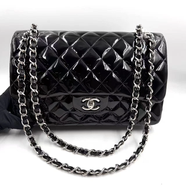 11.04 23 Chanel Classic Double Flap Black Patent Leather Handle Shoulder Bag