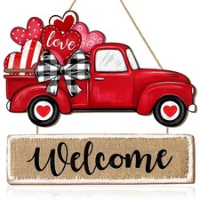 Valentines Day Door Sign Decorations, Red Truck Heart Wooden Door Hanger, Val...