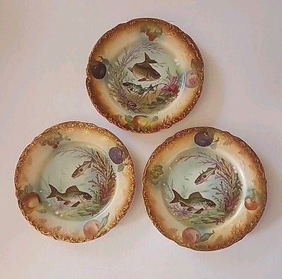 3  Vintage Fish Plates Handpainted 9'' Unmarked