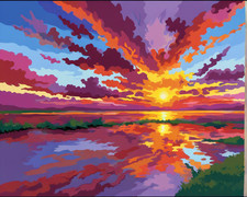 Vibrant Autumn Mountain Needlepoint Canvas Sunset River Evergreen Scenery SD745