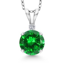 14K White Gold Created Emerald and Lab Grown Diamond Pendant Necklace for Women