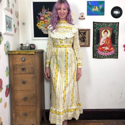 Vintage Yellow Prairie Dress, 1970s Cottagecore Boho Maxi by Vicky Vaughn, Sz S