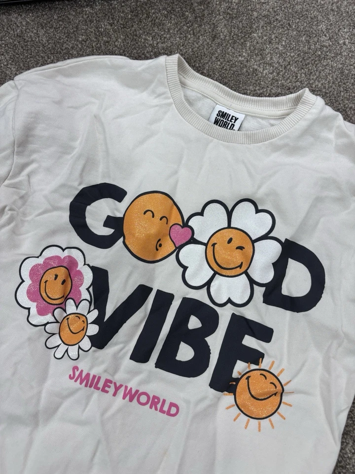 Niñas Smiley World Good Vibes Divertida Linda Sudadera Top 8-9 años Crema Juvenil Foto 2 de 4