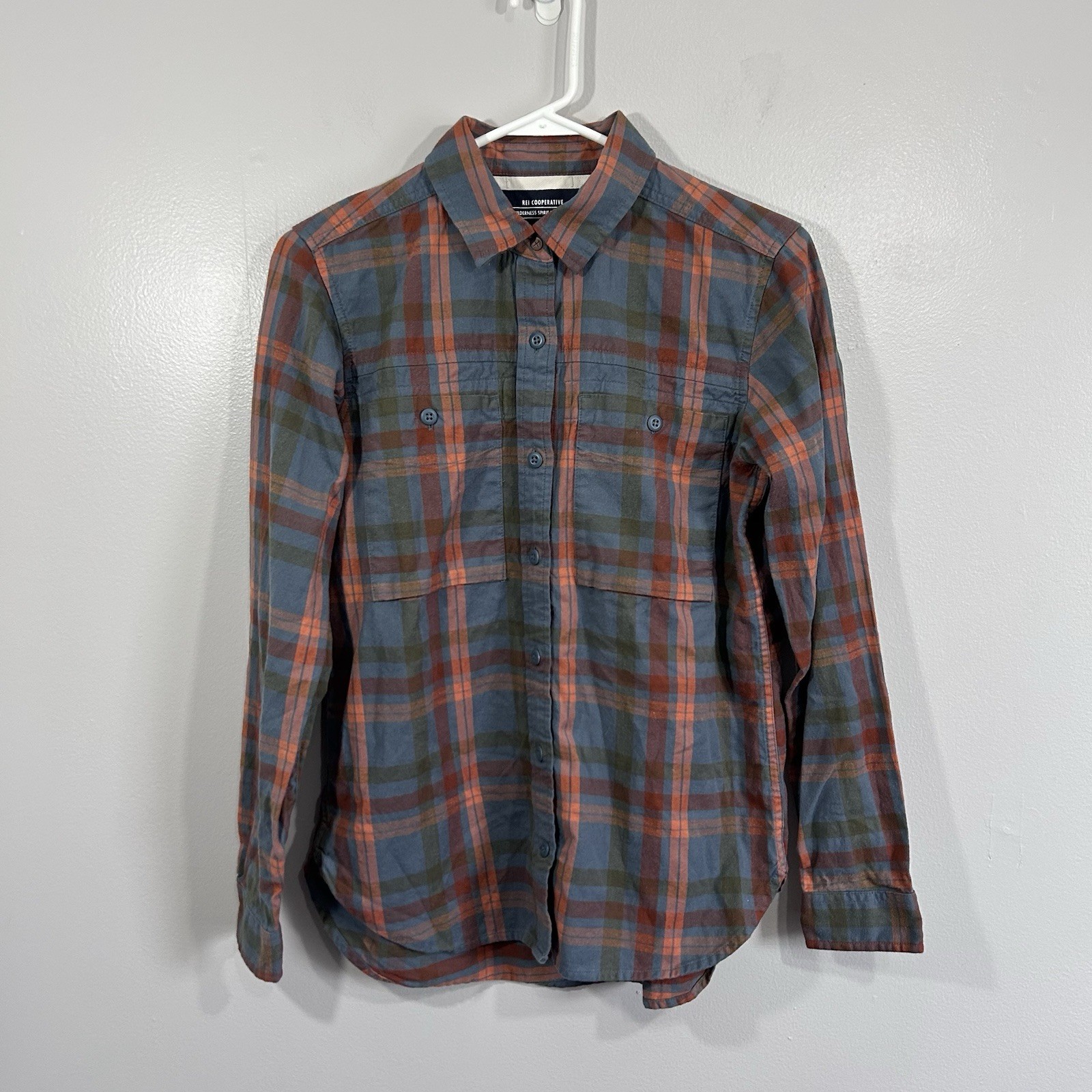 REI Co-op Flannel Shirt Womens Small Blue Plaid Wallace Lake 100% Cotton Outdoor