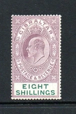 (1054)     Gibraltar KEVII 1906-11 (New Colours) 8s. Purple & Green SG74 M/Mint