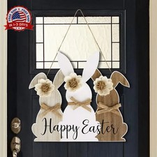 Easter Wooden Hanging Sign, Cute Wooden Bunny Happy Easter Wreath Door Sign, Gre