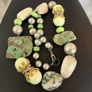Alexis Bittar Statement Necklace Green Chalcedony Tree Agate Gaspeite 21” 110g