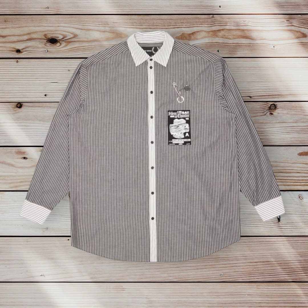 Fred Perry x Raf Simons Oversized Striped Patched Shirt Black XL