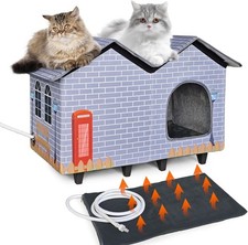Large Elevated Heated Cat Houses Indoor/Outdoor Cats W/ Heated Cat Bed