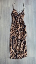 Zara Satin Midi Dress Tiger Print Brown Black Strappy Ruched XS Evening Holiday