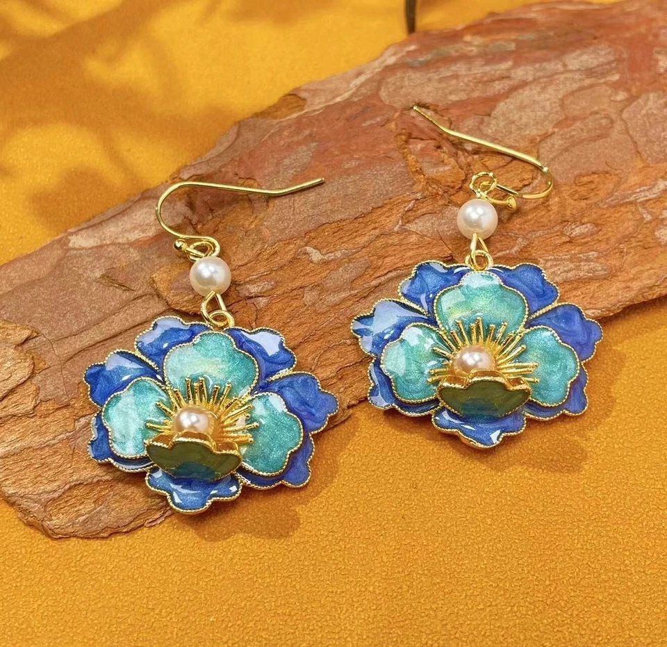 925 Silver Plated Cloisonne Blue Flower Earrings Tassel Dangle Vintage Hook - Image 3 of 4