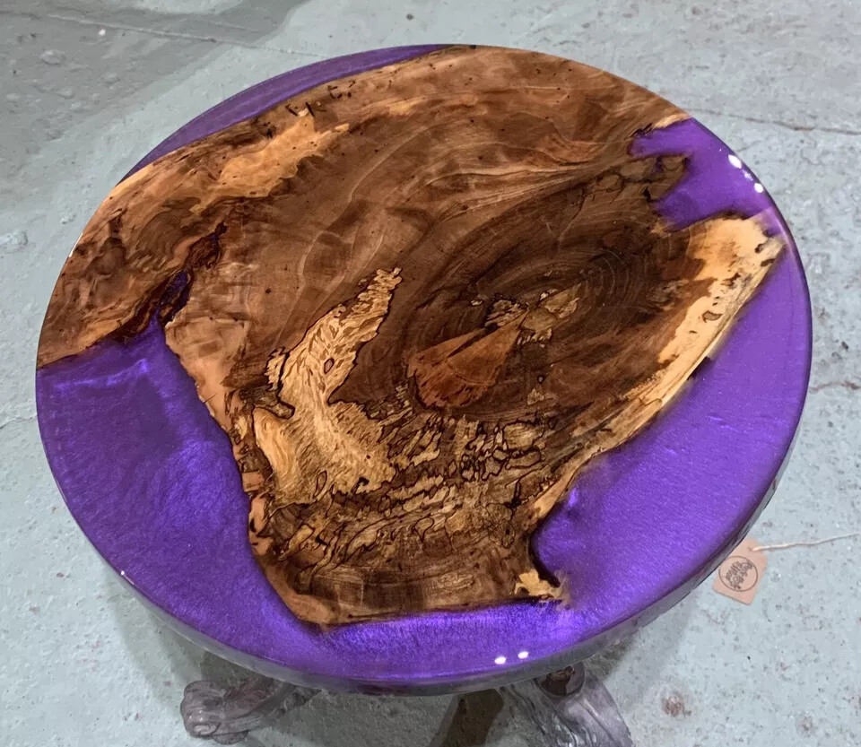 Handmade 18” Round Spalted Sweet Gum Purple Epoxy Resin Side Table