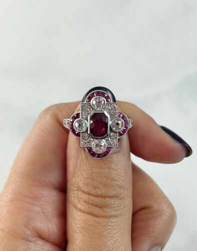 Ruby Diamond Platinum Ring Art Deco Antique Estate Finish Certified Natural - Picture 4 of 7