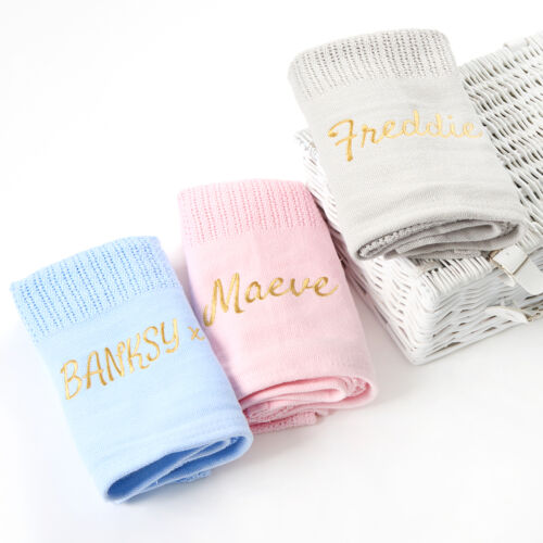 Personalised Baby Boys Girls Cellular Blanket 100% Cotton Knit Blanket 70x105 cm - Picture 1 of 7