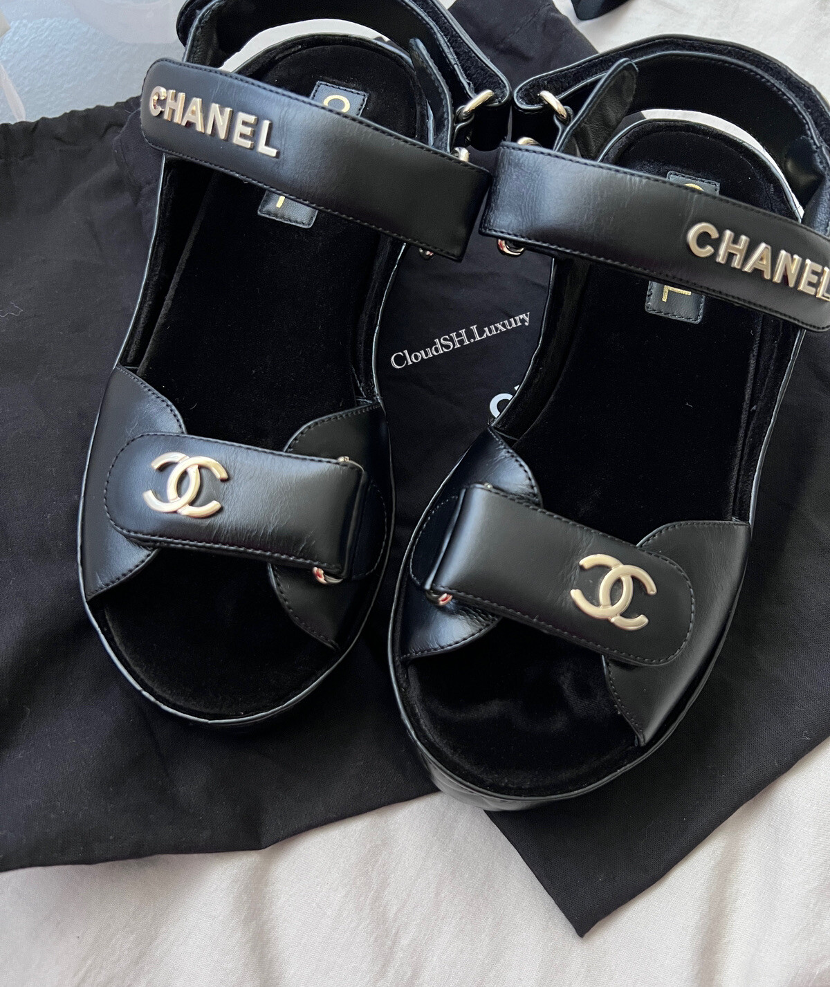 Auth Chanel Black Leather CC Logo Strap Wedge Sandals -Sz.39 image 4
