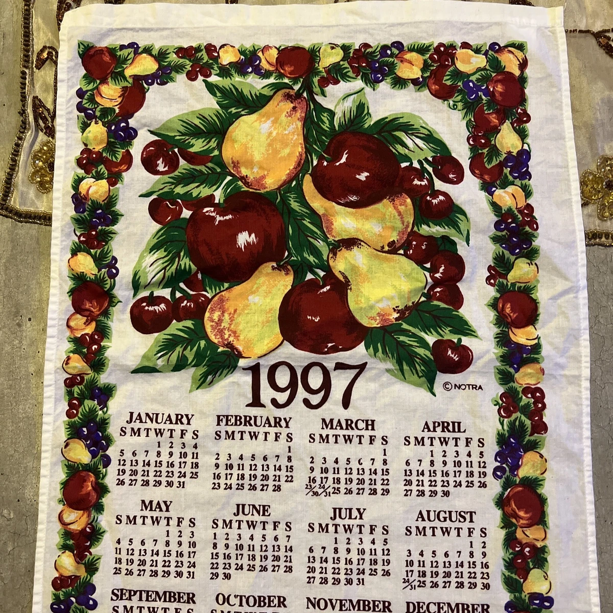 1997 Linen Hanging Calendar Kitchen Tea Towel Vintage, Flowers & Fruit -  NOTRA | eBay