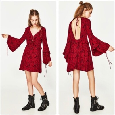 Zara Red Boho Floral Bell Sleeve Tie Back Dress S | eBay