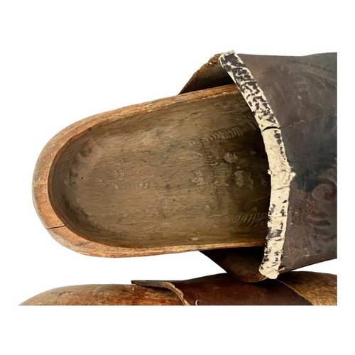 Antique Dutch Hand Carved Wooden Clogs Leather - Picture 3 of 22