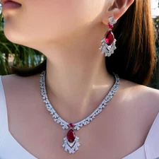 Silver Plated Red Water Drop Cubic Zirconia Ribbon Design Women Prom Jewelry Set