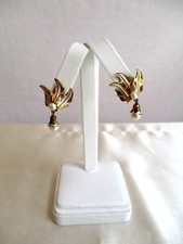 Vintage Gold  Silver Tone Feathers Dangle Faux Pearl Clip Earrings