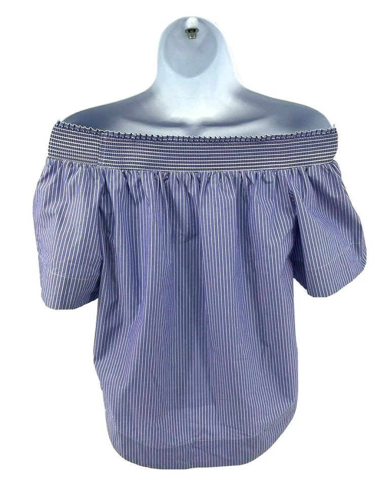 J.Crew Top Womens Size 4 Off-The-Shoulder Blue Pinstriped Coastal Preppy - Image 2 of 4