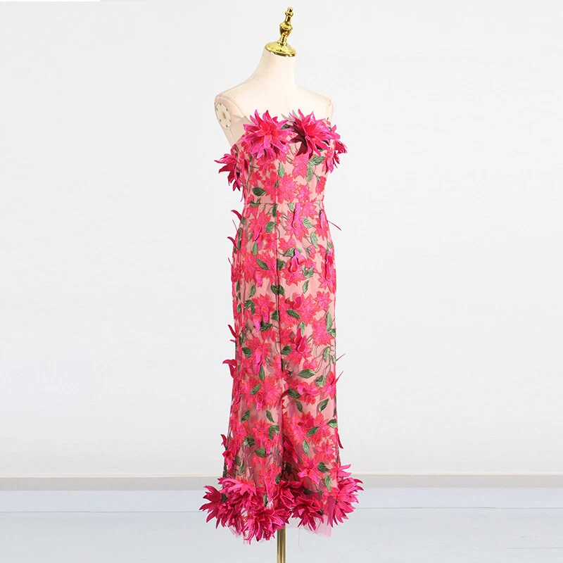 OFF WHITE Abito da festa retrò donna vestito senza spalline estivo nuovo abito lungo ricamo floreale