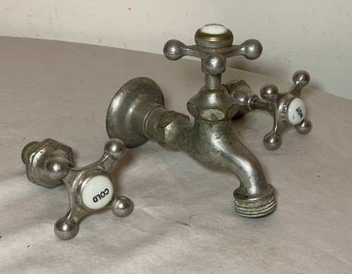 3 piece antique nickel plated brass porcelain industrial wall faucet fixture - Picture 5 of 13