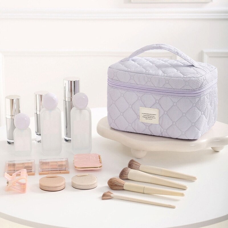 Quilted Cotton Cosmetic Bag Large Travel Toiletry Makeup Organizer for Women