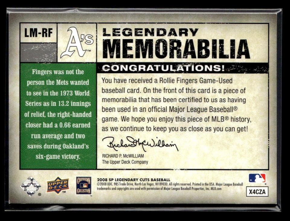 2008 SP Legendary Cuts #LM-RF Rollie Fingers #/50 jersey card Oakland Athletics - Image 2 of 2