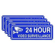 4-Pack 24 Hour Video Surveillance Sign, 4"x7" Security Camera Sign Blue+White