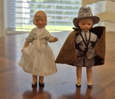 Two Antique German Porcelain Miniature Pilgram Dolls. Original Clothes. 