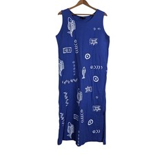 Vtg 1990s Tropical Maxi Dress Sleeveless Fish Beach Resort Retro Blue Medium