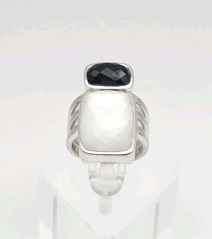 M India Sterling Silver 9.39ct Checkerboard Crystal Quartz & Onyx Ring Size 7