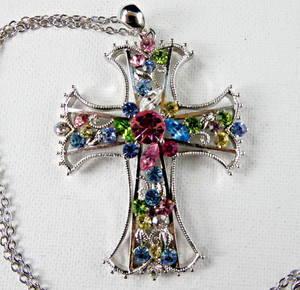 Multicolor Rhinestone Cross Pendant Necklace – Crystal & Enamel Charm On Popcorn Chain