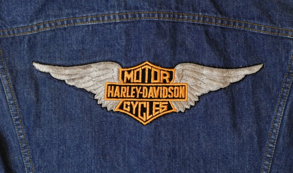 Chaleco vintage años 70 Levis 70505 para hombre 50 azul denim con alas Harley Davidson Foto 3 de 4