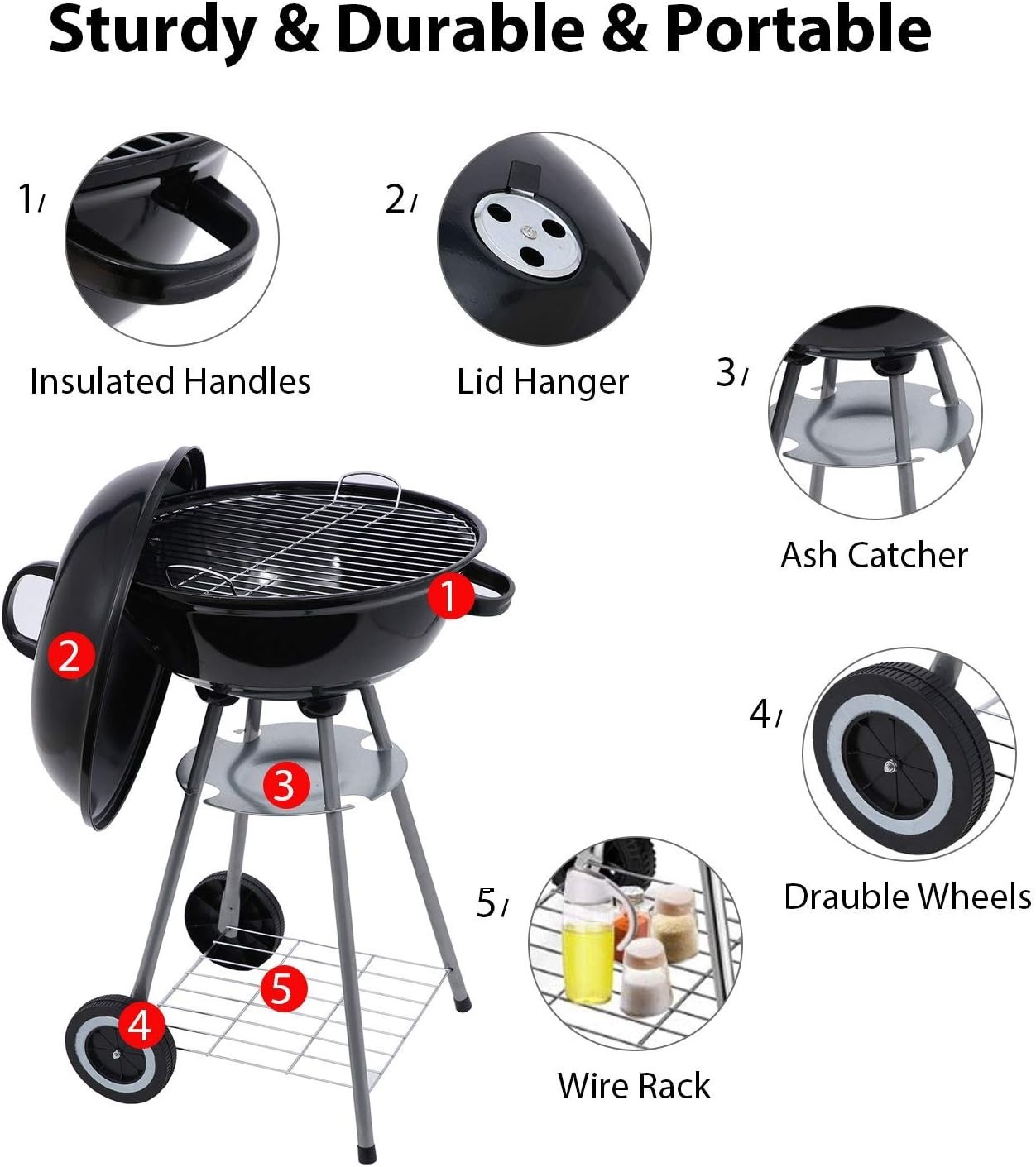 Portable 18" Charcoal BBQ Grill with Waterproof Cover