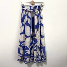Rachel Zoe Skirt S Blue Linen Blend Floral Tiered Maxi Cottagecore Beach NEW