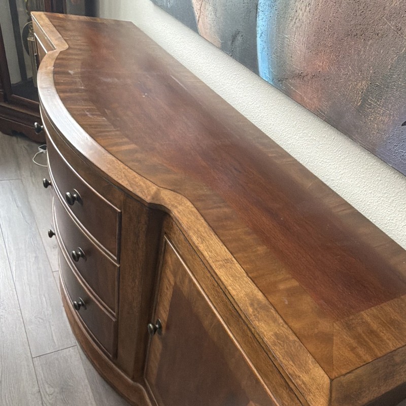 Antique Stained Brown Wood Curved Front Server Sideboard 72x33 2 Doors 3 Drawers