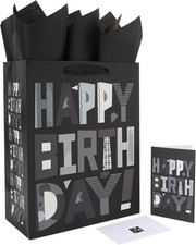 13 Large Black Happy Birthday Gift Bag Set with Handles, Greeting Card, Tissue