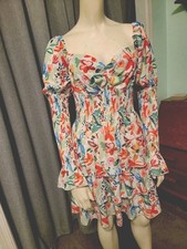 Fairy Celestial Flowy tiered smocked Dress Denim ❤️ Love Puff Sleeve Accents L