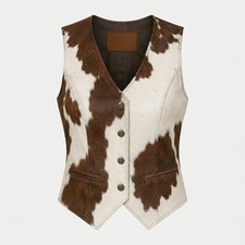 Brown  White Hair-On Cowhide Western Vest with Leather Trim