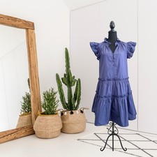 PINCH Women’s M Ruffle Cap Sleeve V-Neck Tiered Cotton Dress Blue / Purple