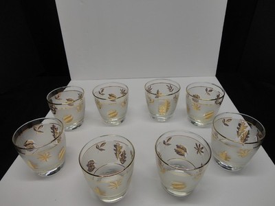 MCM Libby Frosted Gold Leaf On The Rocks  Glasses Set Of 8