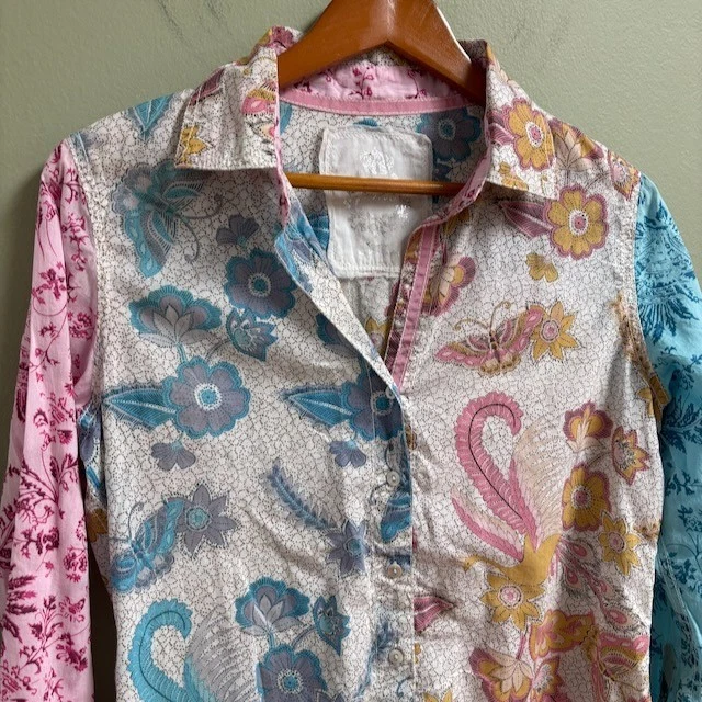 Camisa de Cine para Mujer Patchwork Artística con Botones Talla XS Boho Hippie Festival Paisley Foto 2 de 4