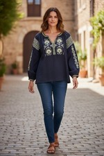 SOLITARIO Bordado Boho Med Túnica Folk Floral Bordado Festival Campesino Top